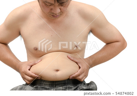 Obese man checking out his weight isolated Obese man checking out his weight isolated 54874802