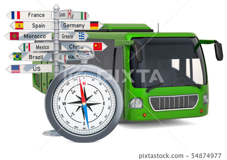 Bus travel concept. Bus with compass and signpost 54874977