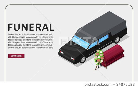 Funeral service isometric vector poster or web template on death theme. Black hearse vehicle near 54875188
