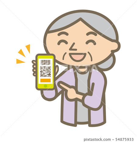 Pay QR settlement A smiley grandmother with a smartphone in one hand 54875933
