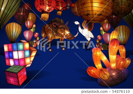 Decorate the variety lanterns on the blue backgrou Decorate the variety lanterns on the blue backgrou 54876110