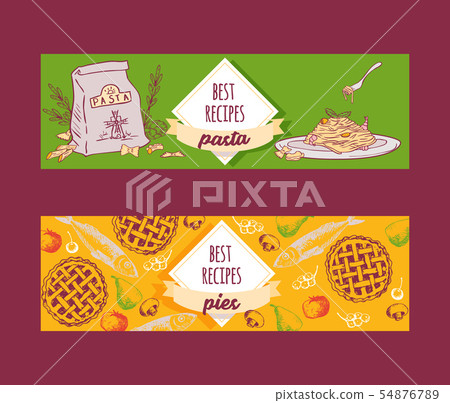 Italian cuisine pasta recipe dishes and pies vector banners set. Pasta, spaghetti, macaroni and 54876789