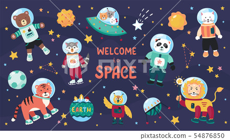 Space animals. Cute cartoon trendy baby animal characters in space suits, set of science kids in 54876850