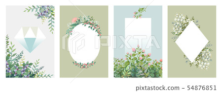 Greenery posters. Trendy floral frames, borders of green leaves and branches, blank wedding cards Greenery posters. Trendy floral frames, borders of green leaves and branches, blank wedding cards 54876851