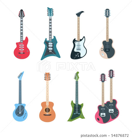 Guitar set. Flat electric and acoustic string music instruments of different types. Vector guitars 54876872