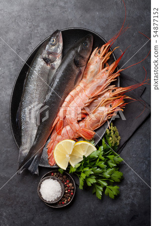 Fresh seafood. Trout fish and langostino shrimps 54877152