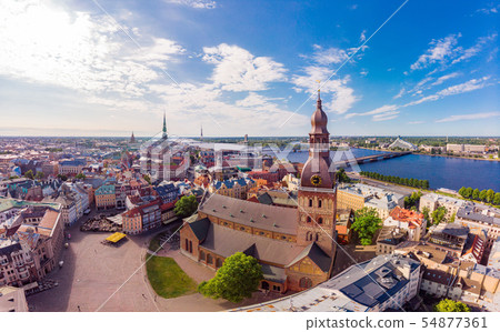 Beautifull aerial panoramic view from drone In sunny summer Day to histirical center Riga and quay 54877361