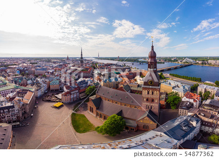 Beautifull aerial panoramic view from drone In sunny summer Day to histirical center Riga and quay 54877362