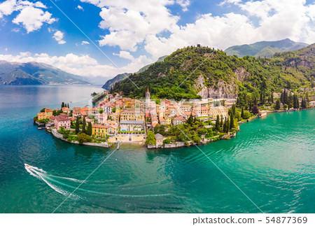 Beautifull aerial panoramic view from the drone to the Varenna - famous old Italy town on bank of Beautifull aerial panoramic view from the drone to the Varenna - famous old Italy town on bank of 54877369