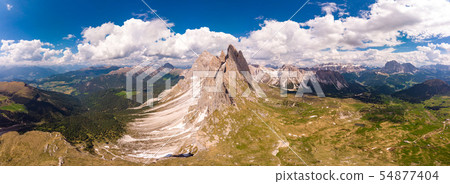 Amazing aerial top view on Seceda Mount peak and valley from drone. Trentino Alto Adige, Dolomites 54877404