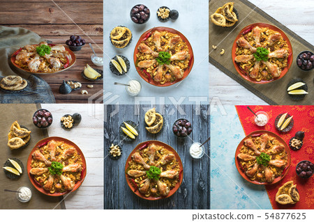 Collage  Arabic traditional food bowls Kabsa 54877625
