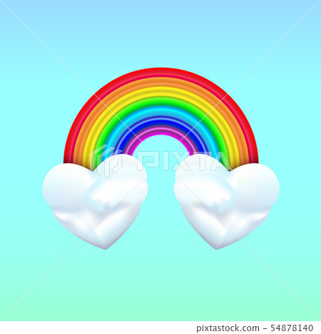 Two heart clouds with rainbow on blue background. Two heart clouds with rainbow on blue background. 54878140