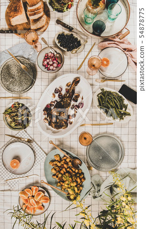 Flat-lay of meat, salads, snacks and blooming 54878775
