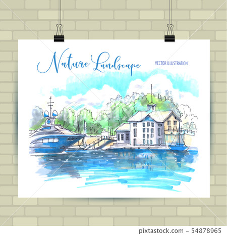 Sketching illustration in vector format. Poster with beautiful seascape . Hand drawn illustration. 54878965