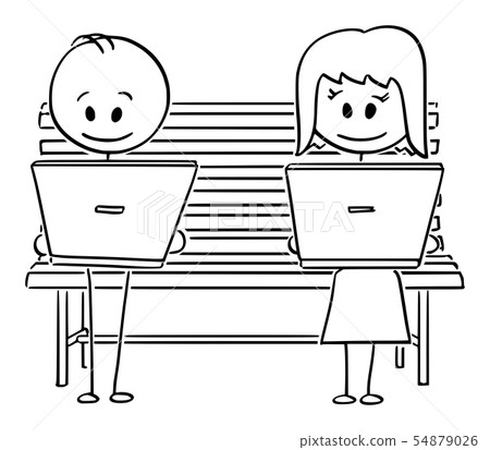 Vector Cartoon of Couple of Man and Woman Sitting on Park Bench and Watching Computer Screens