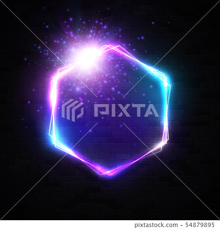 Hexagon neon light banner with blank space for text. Electric glowing bright frame on black brick 54879895