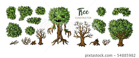 Fantasy trees constructor set. Trees, leaves and branches elements for design 54885982
