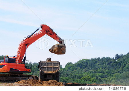 Excavators and dump trucks 54886756