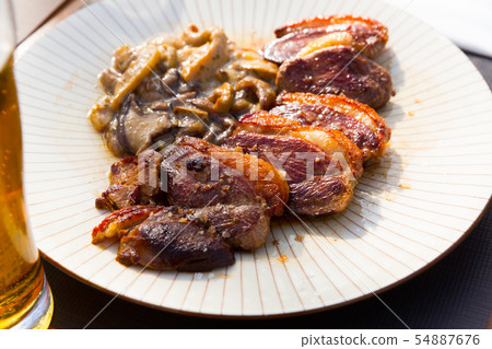 Fried duck breast Magre served with mushrooms Fried duck breast Magre served with mushrooms 54887676