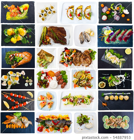 Set of dishes on square plates Set of dishes on square plates 54887953