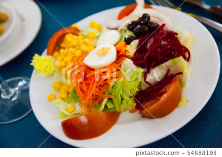 Mixed salad with eggs, fresh vegetables and boiled beet Mixed salad with eggs, fresh vegetables and boiled beet 54888193