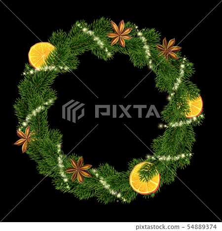 Xmas Wreath. Garland of spices, orange and fir Xmas Wreath. Garland of spices, orange and fir 54889374