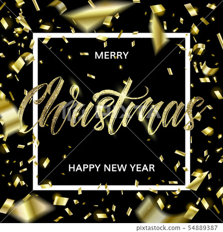 Golden Christmas text and confetti in square frame 54889387