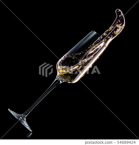 Glass for champagne with bubbles and splashes isolated on black background. Glass for champagne with bubbles and splashes isolated on black background. 54889424