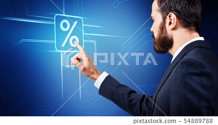 Rear view on businessman touches virtual percent. 54889788