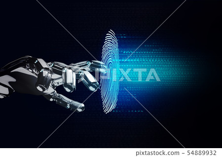 Black robotic hand cracking fingerprint password in virtual space. 54889932