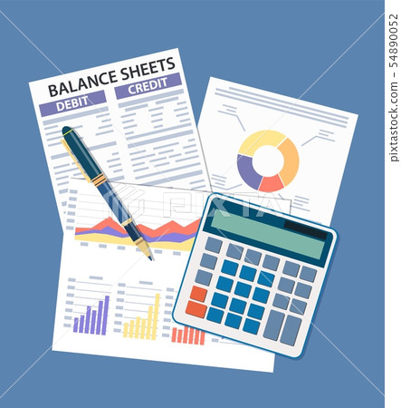 Clipboard with balance sheet and pen. 54890052