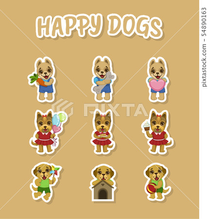 Happy Dogs Cute Stickers Set, Cute Pets Animals Characters of Different Breeds Vector Illustration Happy Dogs Cute Stickers Set, Cute Pets Animals Characters of Different Breeds Vector Illustration 54890163