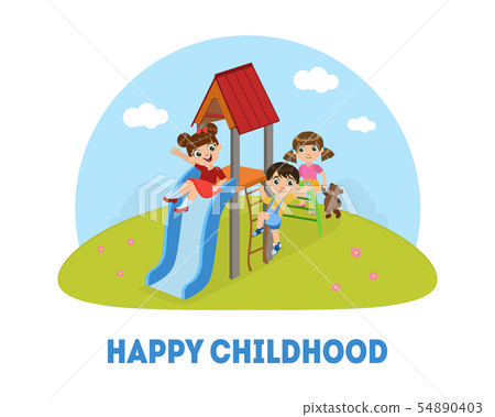 Happy Childhood Banner Template, Kids Having Fun on Slide at Playground Vector Illustration 54890403