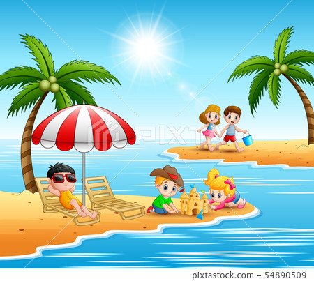Children playing at the beach on summer holidays Children playing at the beach on summer holidays 54890509