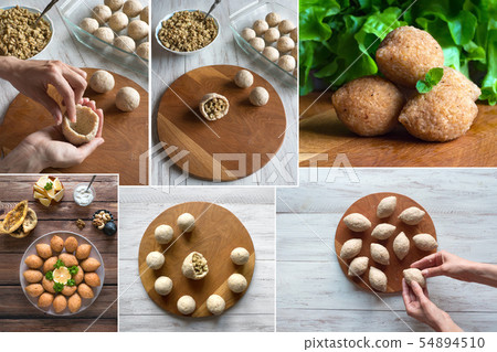 Collage of cooking of Arabic meat appetizer Kibbeh 54894510