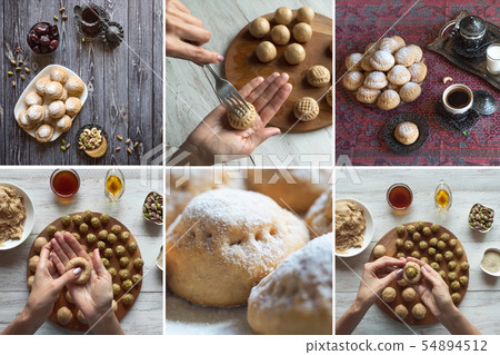Collage of preparation Ramadan sweets Kahk El Eid Collage of preparation Ramadan sweets Kahk El Eid 54894512