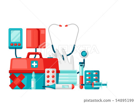 First aid kit equipment background. First aid kit equipment background. 54895199