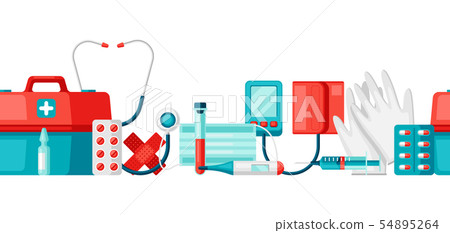 First aid kit equipment seamless pattern. 54895264