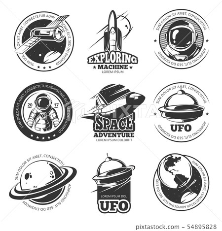 Retro space, astronaut, astronomy, spaceship shuttle vector labels, logos, badges, emblems Retro space, astronaut, astronomy, spaceship shuttle vector labels, logos, badges, emblems 54895828
