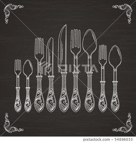 Vector pictures of spoon, fork and knife. Tableware hand drawing silhouette on black chalkboard 54896033