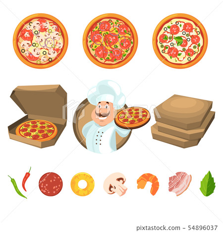 Fast food for party or italian lunch. Pizza with cheese and vegetables. Vector illustration in 54896037