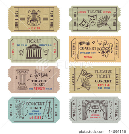 Vintage theatre or cinema tickets with different monochrome symbols of ballet or opera Vintage theatre or cinema tickets with different monochrome symbols of ballet or opera 54896136