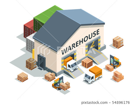 Warehouse building, trucks and load machines. Different pallets and boxes. Logistics vector Warehouse building, trucks and load machines. Different pallets and boxes. Logistics vector 54896176