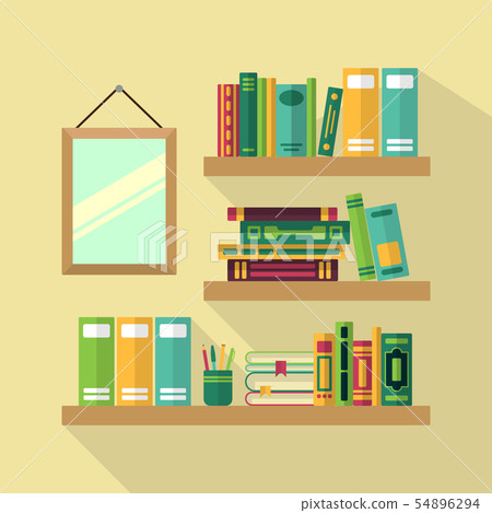 Wood bookshelf in library with different books. Vector illustrations