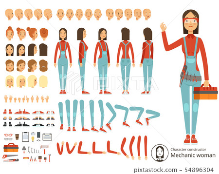 Big creation kit of girl mechanic in working clothes. Vector constructor with body parts 54896304