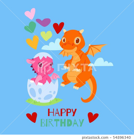 Dragons happy birthday card, banner vector illustration. Cartoon funny little dragons with wings Dragons happy birthday card, banner vector illustration. Cartoon funny little dragons with wings 54896340