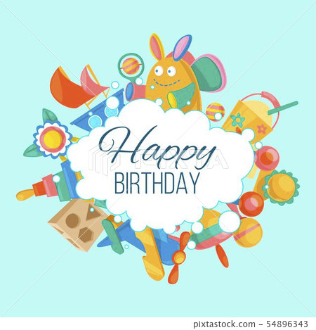 Toy set for baby birthday card, banner vector illustration. Cute objects for small children to play Toy set for baby birthday card, banner vector illustration. Cute objects for small children to play 54896343