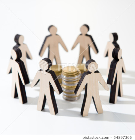 Close up of collaborating mass around savings in coins on white Close up of collaborating mass around savings in coins on white 54897366