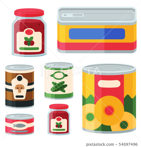 Collection of various tins canned goods food metal and glass container vector illustration. 54897496