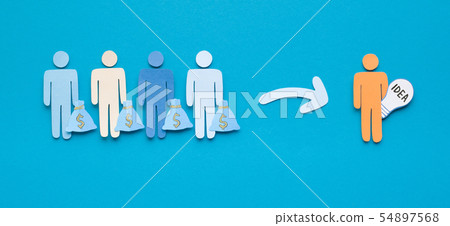 Paper people holding sacks with money and deciding to help 54897568